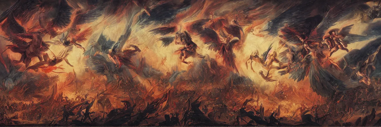 Image similar to Paradise Lost and the fall of Babylon as angels and demon fight in an unending battle. John Martin, Greg Rutkowsi, Daarken