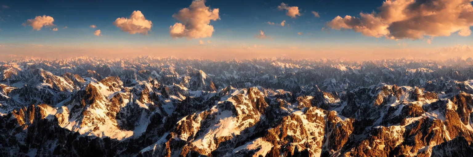 Prompt: from a high mountain peak you can enjoy a view of the mountain landscape of the Alps during the day, 4k digital art, trending on artstation, golden hour, beautiful lighting