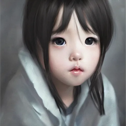 Image similar to a beautiful little girl by WLOP, pixiv, very white skin, sad black eyes, very black hair