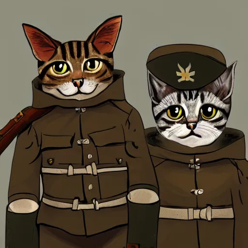 Prompt: soldier cats in British WWI gear waiting in the trenches for the next battle, 4k, concept art, artstation,