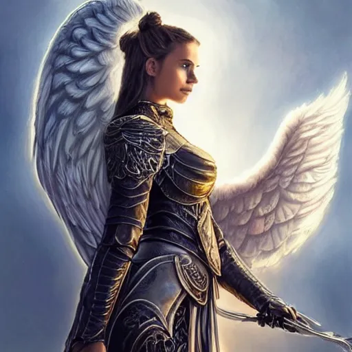 Image similar to portrait of young aasimar angel valkyrie warrior girl maiden wearing comfy leather armor with beautiful feathered angel wings, blue eyes, beautiful face, Natalie Portman, Emily Ratajkowski, innocent, intricate, elegant, highly detailed, ultradetailed, hyperdetailed, artstation, concept art, smooth, sharp focus, illustration, art by artgerm and greg rutkowski and Rossdraws and Bluesssatan and Mandy Jurgens