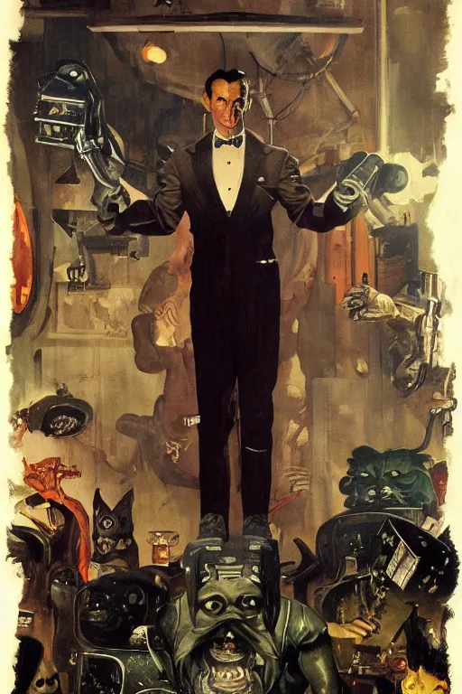 Image similar to 5 0 s pulp scifi fantasy illustration full body portrait werewolf in tuxdeo, by norman rockwell, roberto ferri, daniel gerhartz, edd cartier, jack kirby, howard v brown, ruan jia, tom lovell, frank r paul, jacob collins, dean cornwell, astounding stories, amazing, fantasy, other worlds