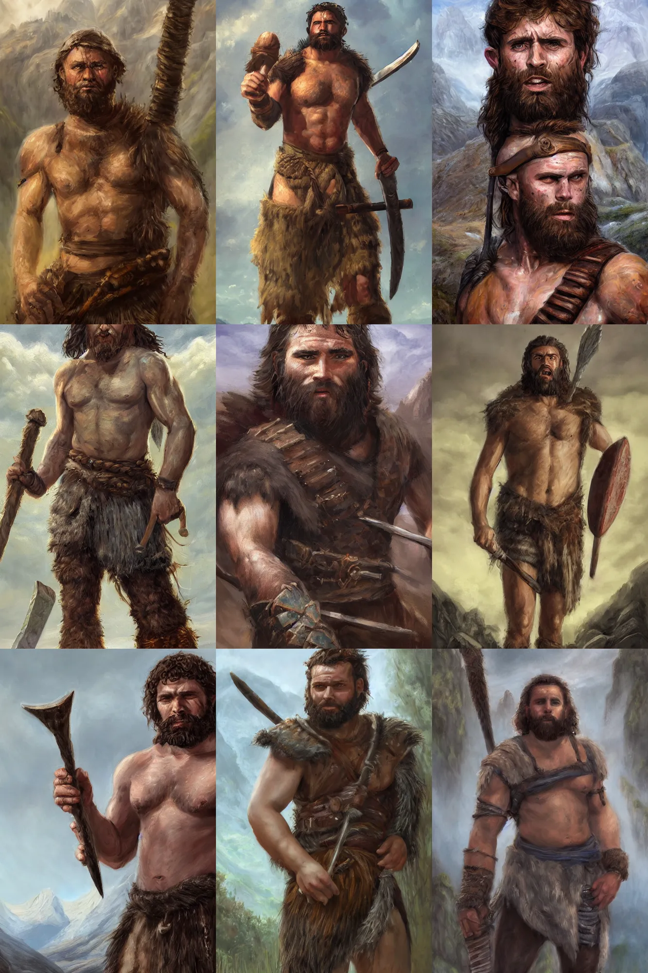 Prompt: a full body high detail fantasy portrait oil painting illustration of a single young rugged stoic barbarian man by Justin Sweet with face and body clearly visible, in a scenic background, pupils visible, realistic proportions, d&d, rpg, forgotten realms, artstation trending, high quality, sombre mood, artstation trending, muted colours, no crop, entire person visible!, natural light, Adobe Photoshop, Adobe Lightroom, photolab, Affinity Photo,