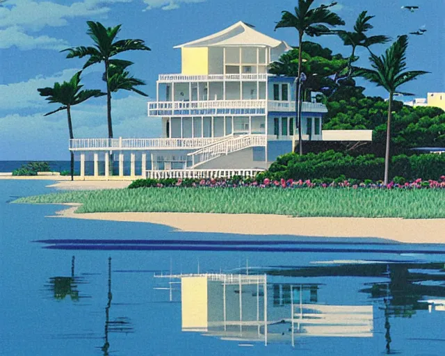 Prompt: seaside mansion on the beach, summer, painting by hiroshi nagai