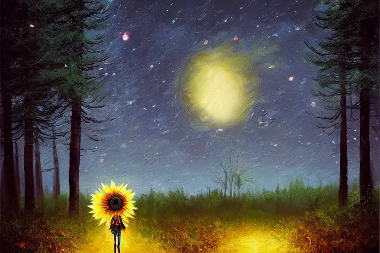 Image similar to giant sunflower head, girl walking in a moonlit forest, hills, surreal photography, dark night, star trails, dramatic light, impressionist painting, clouds, digital painting, artstation, simon stalenhag