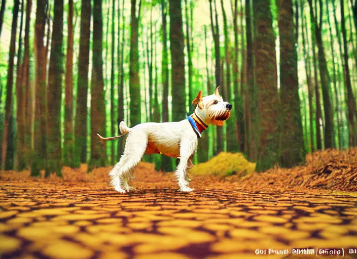 Prompt: portrait of a blind terrier in a forest, anime, shigeto koyama,jean giraud, manga, 28mm lens, vibrant high contrast, gradation, cinematic, rule of thirds, great composition, intricate, detailed, flat, matte print, sharp,clean lines,masakazu katsura