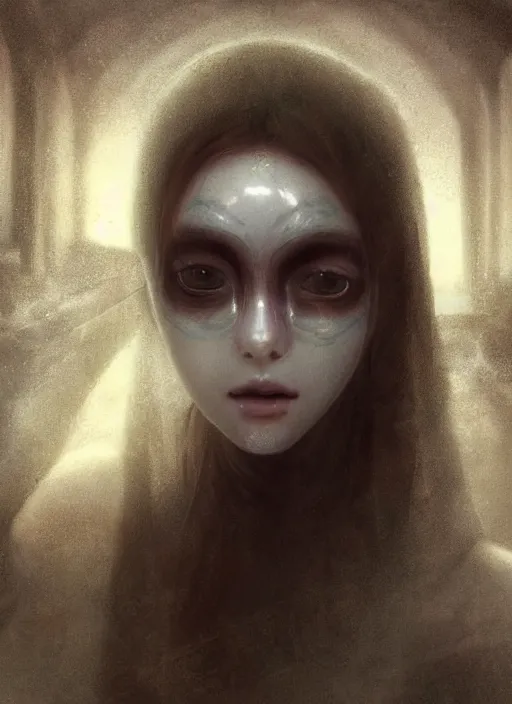 Image similar to close up of a veiled half scull mask girl on the ruins temple, looking at the camera very curiously, fingers on lips, smog on the floor, extremely beautiful and aesthetic and attractive and cute detailed face and body, intricate, chiaroscuro, model pose, fantasy illustrations, vogue cover, by makoto shinkai and jeremy lipking and ferdinand knab