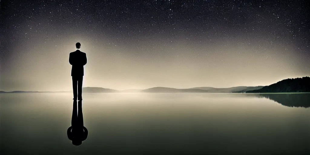 Image similar to amazing landscape photo of lake at night by Charlie Waite, film still of a man wearing tuxedo standing on the lake, beautiful dramatic lighting, surrealism, sharp, smooth, detailed