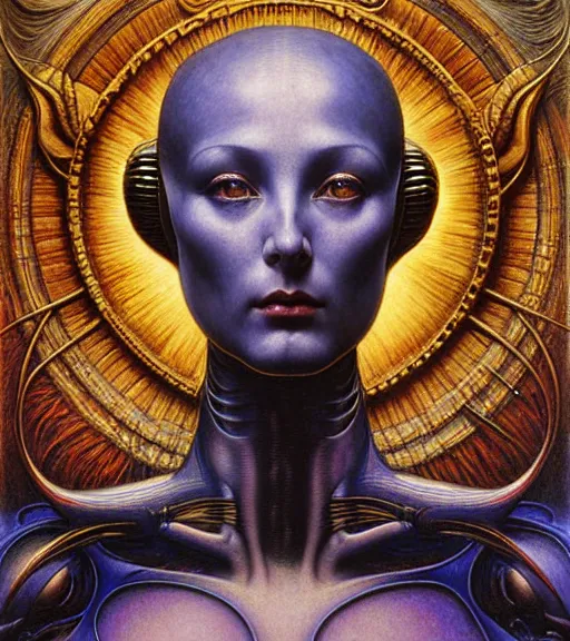 Image similar to detailed realistic beautiful young cher alien robot as queen of mars face portrait by jean delville, gustave dore and marco mazzoni, art nouveau, symbolist, visionary, gothic, pre - raphaelite. horizontal symmetry by zdzisław beksinski, iris van herpen, raymond swanland and alphonse mucha. highly detailed, hyper - real, beautiful