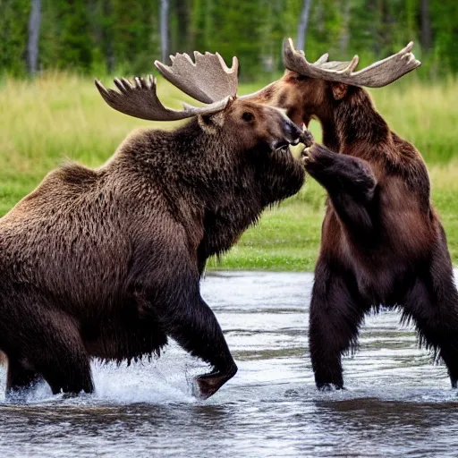 Prompt: moose fighting a brown bear