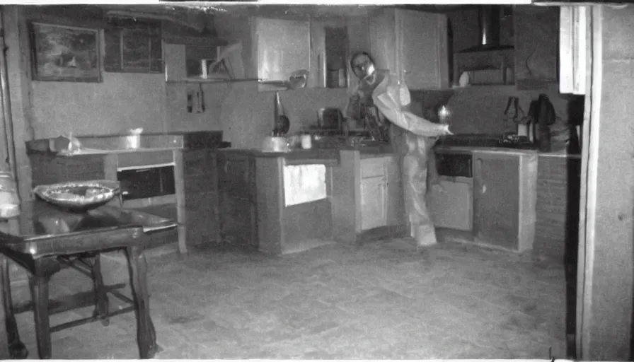 Prompt: a giant snake and a man in a stalinist style kitchen, by mini dv camera, very very low quality, heavy grain, very blurry, accidental flash, webcam footage, found footage, security cam, caught on trail cam