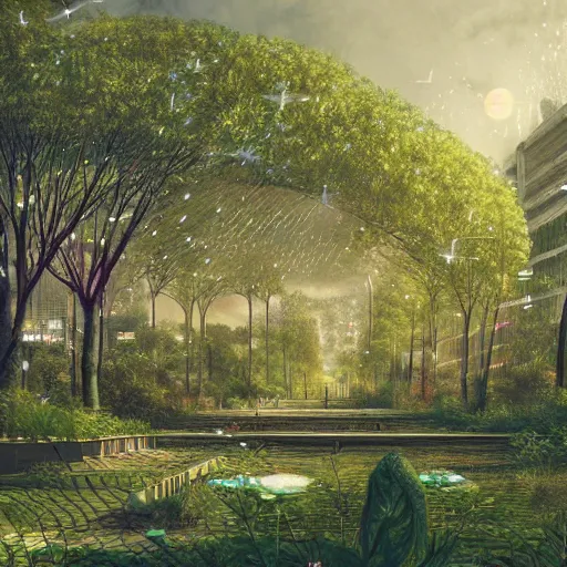 Image similar to Beautiful city of the future, overgrown with trees and plants. Warm soft colour scheme. Grainy and rough. Beautiful artistic digital artwork by artist Lurid. (2022)