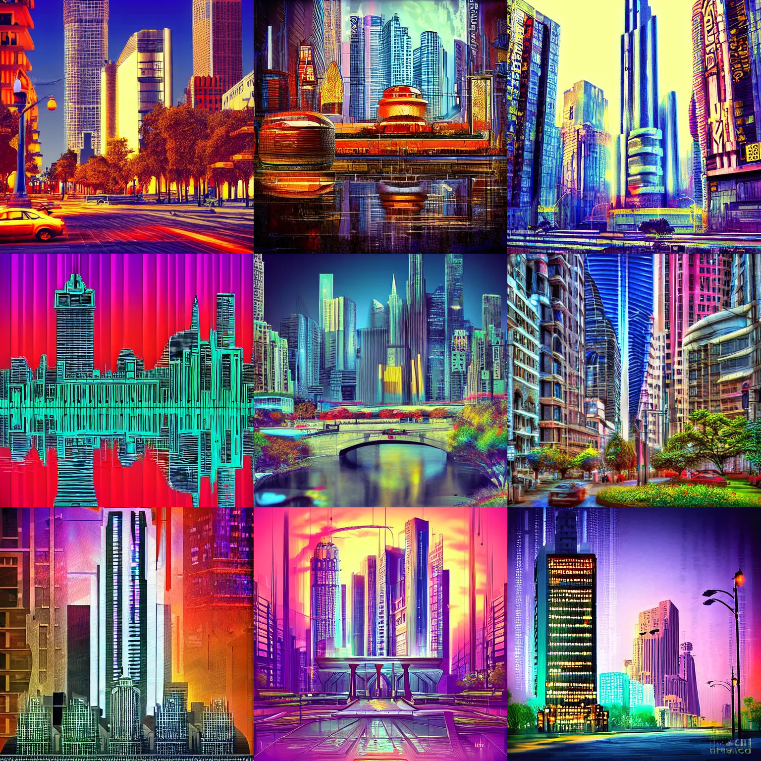 Prompt: digital art, detailed photo a beautiful city with cyberpunk Art Deco buildings, parks and monuments