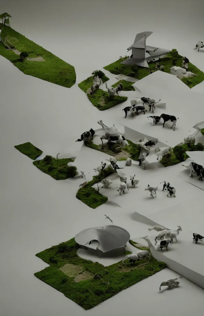 Prompt: architectural model + ufo abducting cows from pasture, studio lighting, low contrast, single building, arsitektur nusantara