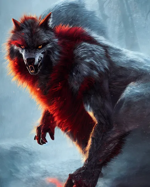 Image similar to oil painting of Angry Werewolf Berserker Beast, wearing red fur, claws, sharp focus, attack pose, fantasy style, octane render, volumetric lighting, 8k high definition, by greg rutkowski, highly detailed, trending on art Station, magic the gathering artwork, burning Battlefield background, centered