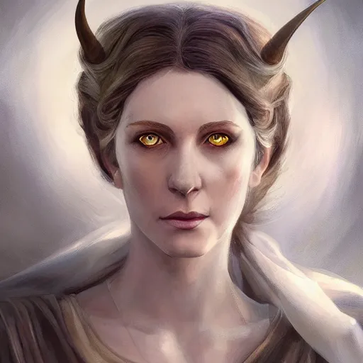 Image similar to a detailed matte head - on portrait painting of an middle - aged half - tiefling noblewoman with golden eyes and short well kept hair, by charlie bowater, lise deharme, wlop, tending on arstation, dungeons and dragon, dnd, pathfinder, fanart, oil on canvas