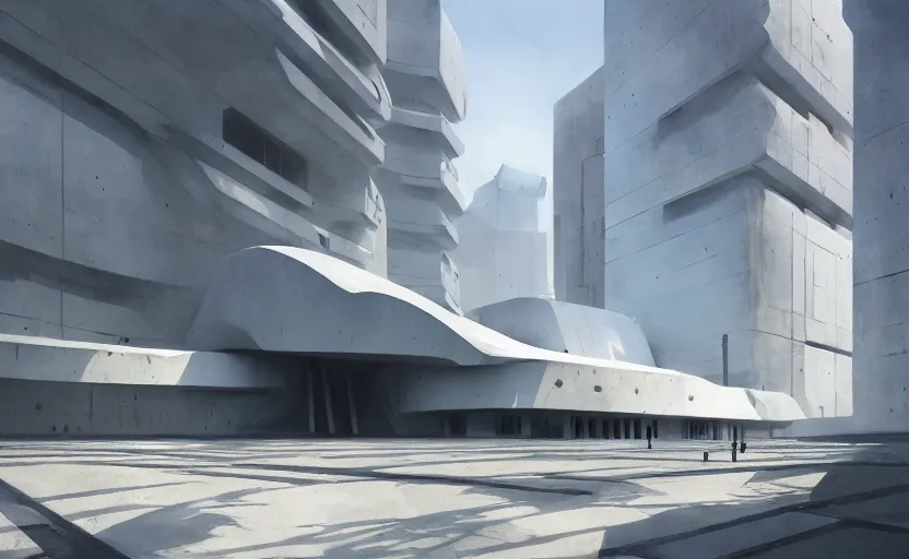 Image similar to a wide angle exterior shot of a white concerete brutalist architecture designed by zaha hadid and peter zumthor, darek zabrocki, greg ruthkowski, cinematic and blue cold atmospheric, concept art, artstation, trending on artstation