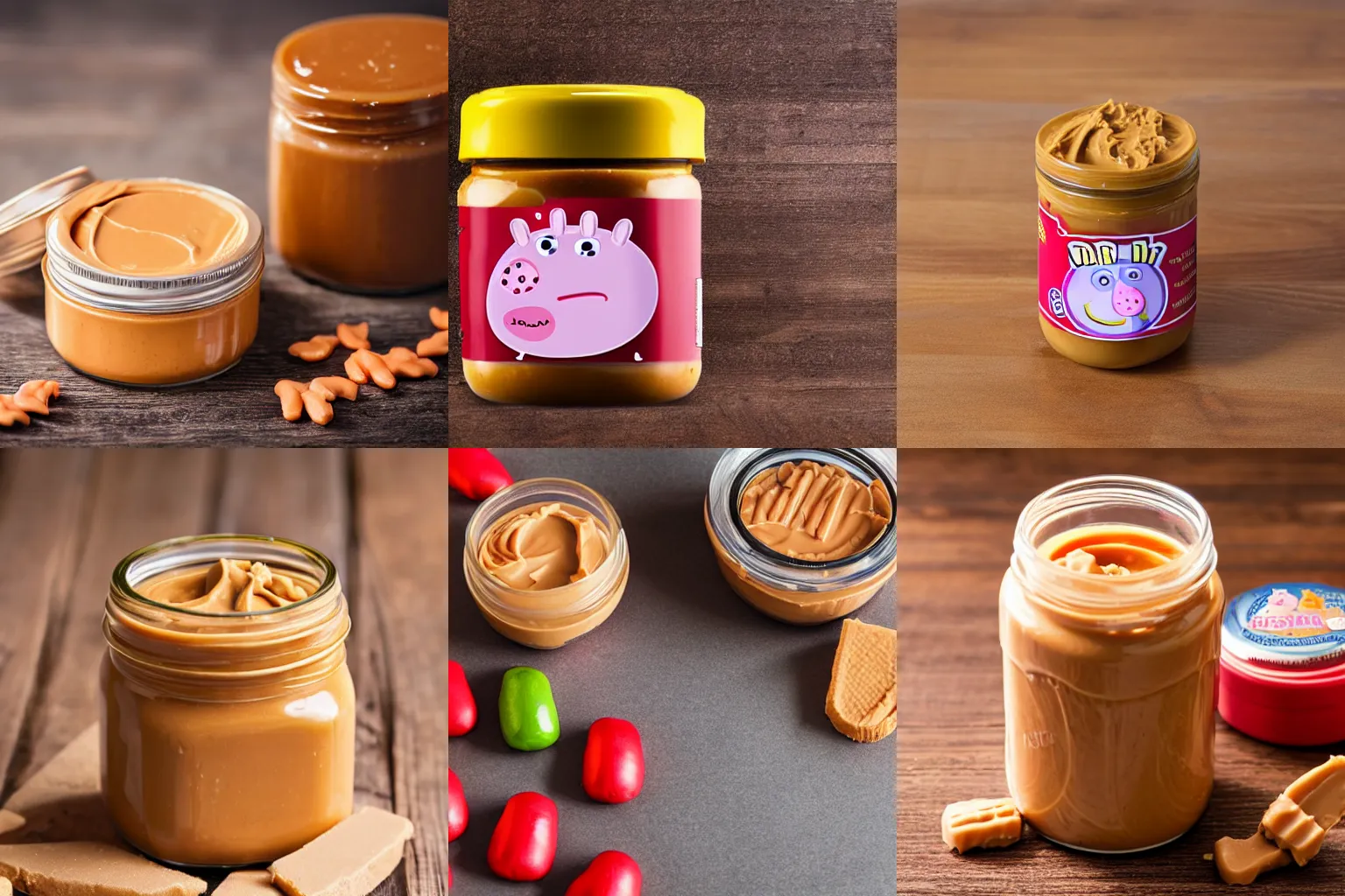 Prompt: a jar of Peppa Pig brand peanut butter, high resolution product photo