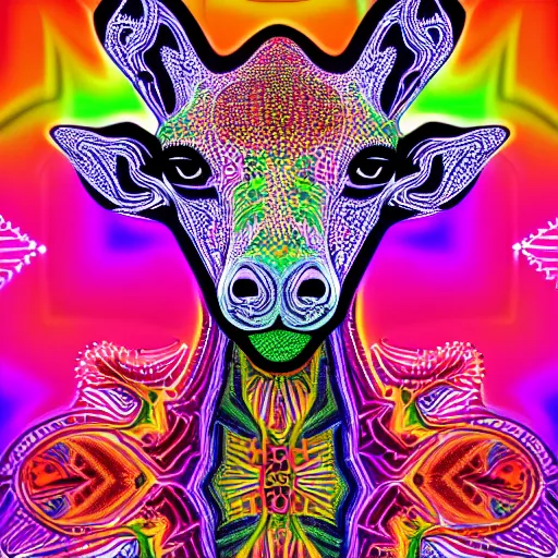 Prompt: a symmetrical psychedelic neon technicolor portrait illustration of a giraffe in geometric kaleidoscopic colors trending on artstation 4 k intricate extremely detailed digital art by alex grey