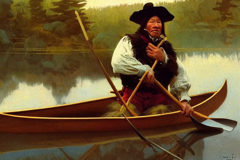 Image similar to fur trader in a canoe, 1 8 5 0. illustrated by n. c. wyeth. oil painting, highly detailed, centered, digital painting, artstation, romantic, concept art, smooth, sharp focus, illustration, artgerm, tomasz alen kopera, frans hals, drew struzan