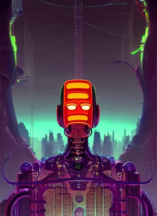 Image similar to portrait bender from futurama inside an scifi tentacles wires futuristic city, beautiful neon cats, cinematic, highly detailed, photorealistic, rich bright colors, trending on artstation, giger, tsutomu nihei, trending on cgsociety, awe inspiring bruce pennington cityscape, digital art painting of 1 9 6 0 s