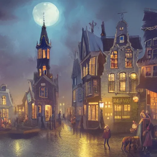 Prompt: A bustling magical town with witches flying on their broom and black cats laying around inspired by Victorian England and Amsterdam, concept art, matte painting, trending on art station, ultra high quality, masterpiece