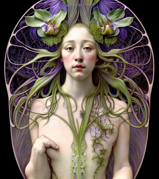 Image similar to beautiful young orchid fairy detailed realistic porcelain face portrait by jean delville, alphonse mucha, iris van herpen and marco mazzoni, art forms of nature by ernst haeckel, art nouveau, symbolist, visionary, gothic, neo - gothic, pre - raphaelite, fractal lace, intricate alien botanical biodiversity, surreality, hyperdetailed ultrasharp octane render