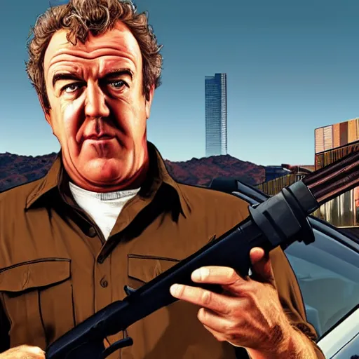 Image similar to Jeremy Clarkson in GTA V, cover art by Stephen Bliss, artstation, no text