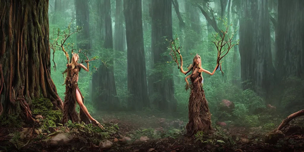 Image similar to detailed matte painting of a magical dryad witch in a redwood forest, dramatic lighting and composition, highly detailed, spells, magic, surreal background, octane render, pixar, trending on artstation, concept art, comic book, volumetric lighting 8 k