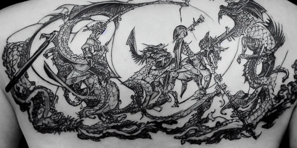 Prompt: A monochrome tattoo depicting a plated knight holding a lance looking toward the horizon toward a three headed dragon, 4k