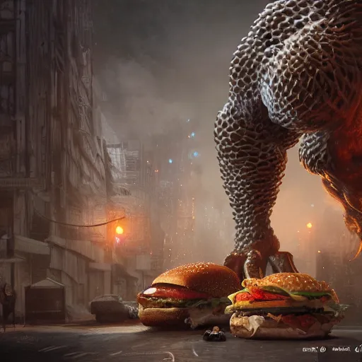 Image similar to fast food monster, hyper realistic, ambient lighting, concept art, intricate, hyper detailed, smooth, dynamic volumetric lighting, octane, raytrace, cinematic, high quality, high resolution, 4 k, render by jean - baptiste monge