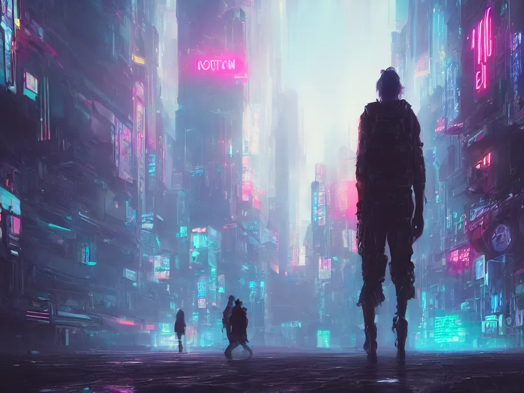 Image similar to a highly detailed digital painting of a nomad wandering a sci - fi cyberpunk city, neon lights, volumetric lighting, atmospheric fog, epic composition, artstation