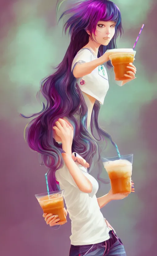 Image similar to a kawaii woman with rainbow hair, happy, summer time, holding boba tea drink, soft eyes and narrow chin, dainty figure, long hair straight down, kawaii shirt and jeans, basic white background, In style of by Jordan Grimmer and greg rutkowski, crisp lines and color