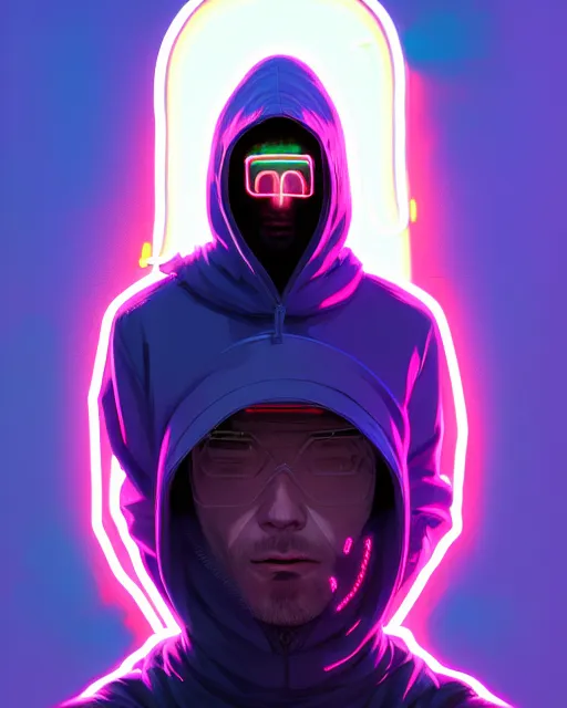 Image similar to cyberpunk synth, hyper - realistic detailed portrait of a man in a hoodie, with neon projection mask, digital painting, by atey ghailan, by greg rutkowski, by greg tocchini, by james gilleard, by joe fenton, by kaethe butcher, sharp focus