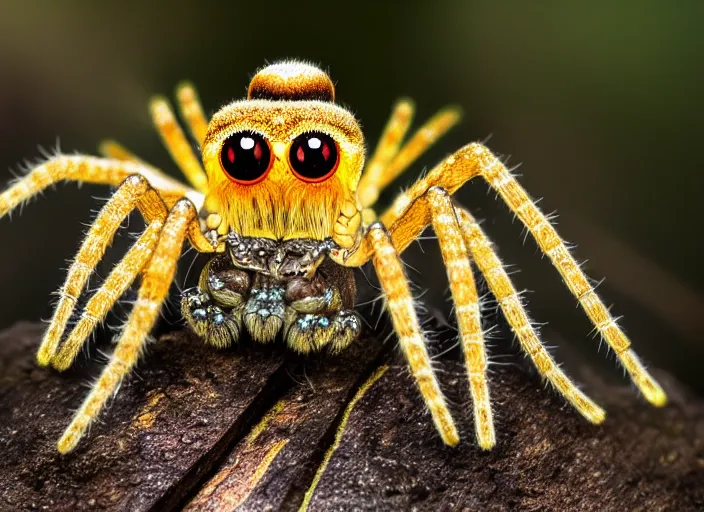 Image similar to super macro of a crystal spider with big eyes sitting on a flower, in the forest. Fantasy magic style. Highly detailed 8k. Intricate. Nikon d850 300mm. Award winning photography.