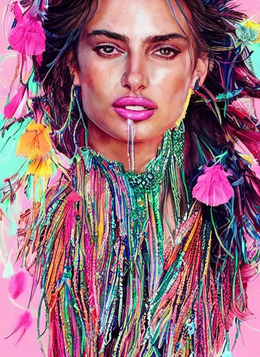 Prompt: beautiful VICTORIA'S SECRET portrait of Irina Shayk wearing fantastic Hand-dyed cotton dress,embellished beaded feather decorative fringe knots ,colorful pigtail,subtropical flowers and plants,symmetrical face,intricate,elegant,highly detailed,8k,post-processing,digital painting,trending on pinterest,harper's bazaar,concept art, sharp focus, illustration, by artgerm,Tom Bagshaw,Lawrence Alma-Tadema,greg rutkowski,alphonse Mucha