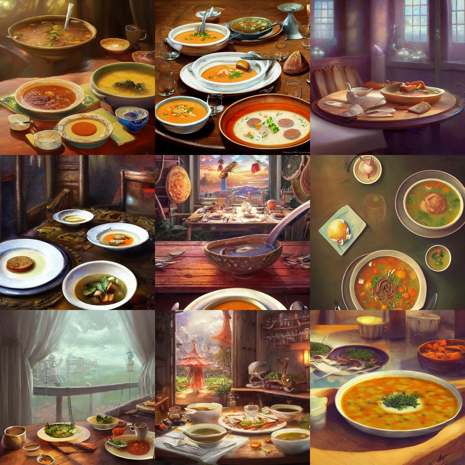 Prompt: table with a plate filled with soup, in the soup there is vegetables and two sausages, fantasy art, fantasy, anime, food focus, magic, highly detailed, by mokoto shinkai, by thomas kinkade, by alvar aalto, by wlop,