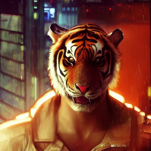 Image similar to hyperrealistic portrait of an athropomorphic tiger wearing military clothes, bladerunner street, art of elysium by jeremy mann and alphonse mucha, fantasy art, photo realistic, dynamic lighting, artstation, poster, volumetric lighting, very detailed face, 4 k, award winning, cinematic lighting, deviantart, artstation, cg society