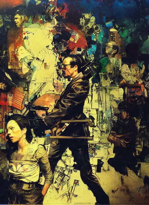 Image similar to unbelivable tension between two people, surreal, vivid colors, painting by Alexander Mandradjiev, part by Yoji Shinkawa, part by Norman Rockwell