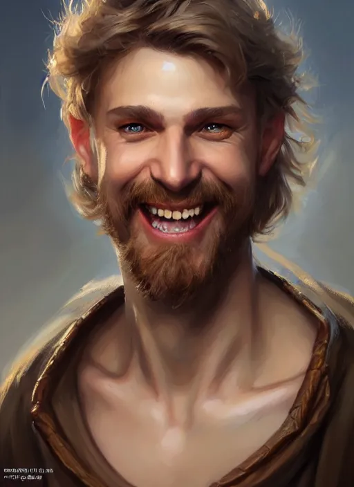 Image similar to a _ fantasy _ style _ portrait _ painting _ of white male short fringe light brown hair short face grinning, rpg dnd oil _ painting _ unreal _ 5 _ daz. _ rpg _ portrait _ extremely _ detailed _ artgerm _ greg _ rutkowski _ greg