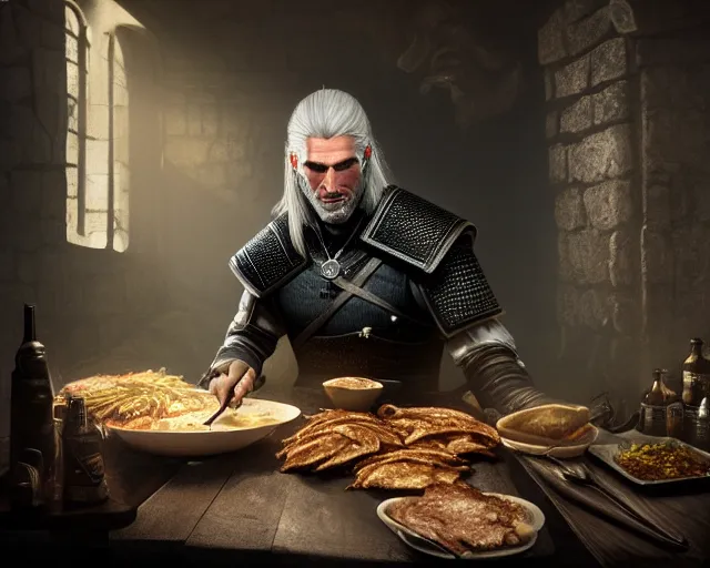 Prompt: 5 5 mm portrait photo of geralt of rivia serving doner kebab, in kaer morhen. dark atmosphere. art by greg rutkowski. highly detailed 8 k. intricate. lifelike. soft light. nikon d 8 5 0.