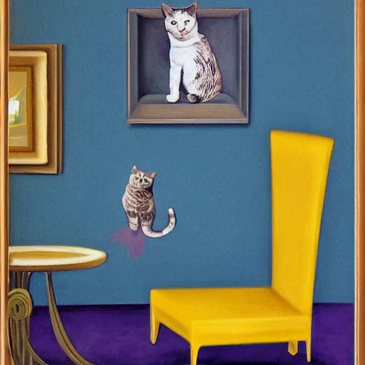 Image similar to cat sitting on sofa in surrealism art style