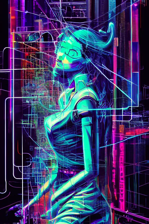 Prompt: dreamy cyberpunk girl, abstract smoke neon, digital nodes, computer network, beautiful woman, detailed acrylic, grunge, intricate complexity, by dan mumford and by alberto giacometti, robert rauschenberg