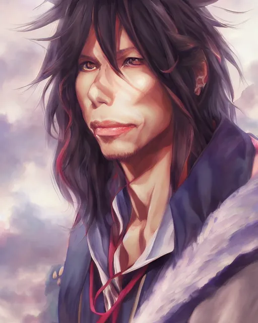 Image similar to anime portrait of Steven Tyler as an anime man by Stanley Artgerm Lau, WLOP, Rossdraws, James Jean, Andrei Riabovitchev, Marc Simonetti, and Sakimichan, trending on artstation