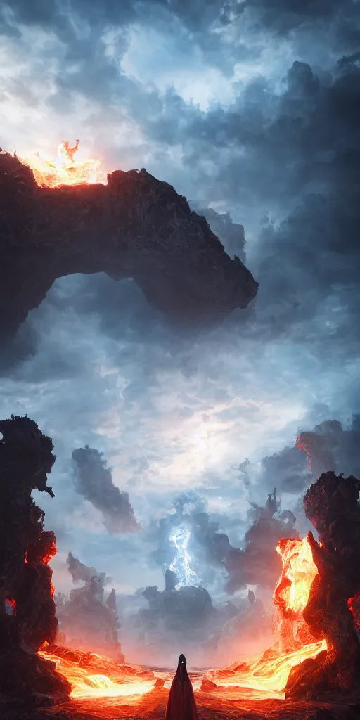 Prompt: The gate of hell in heaven, dramatic lighting, 8K HDR, octane render, unreal engine 5, tarot card, fantasy, concept art, digital art, trending on DeviantArt, trending on Artstation, high quality, highly detailed, high color contrast, path tracing, clouds