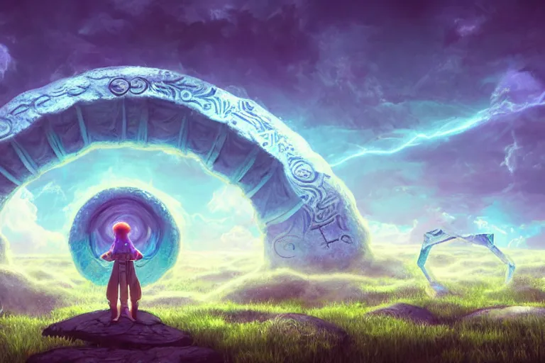 Prompt: a psychedelic realm with rolling plains made out of clouds, and a giant portal covered in runes that leads into the multiverse, in the style of wlop, illustration, epic, fantasy, hyper detailed, smooth, unreal engine, sharp focus, ray tracing