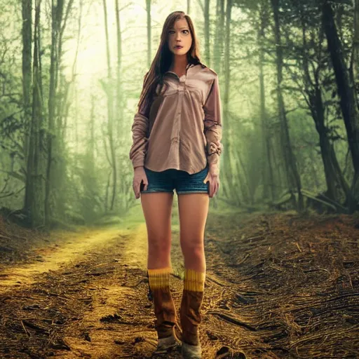 Image similar to real life photo of a beautiful girl, full body photoshoot, long brown hair, brown eyes, full round face, short smile, long sleeved belly free brown shirt, forest setting, cinematic lightning, medium shot, mid - shot, highly detailed, trending on artstation, unreal engine 4 k, 8 0 mm, 8 5 mm, cinematic wallpaper