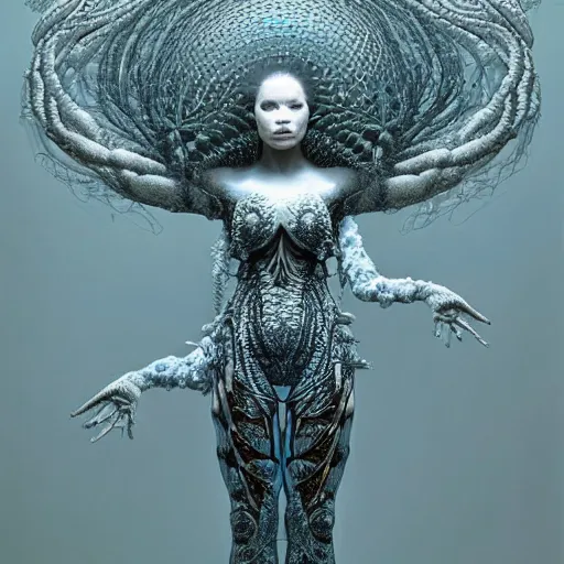 Prompt: bjork as a cyber creature from a parallel universe by alexander mcqueen, zdzisław beksinski and alphonse mucha. highly detailed, hyper - real, very beautiful, intricate fractal details, very complex, opulent, epic, mysterious, trending on deviantart and artstation