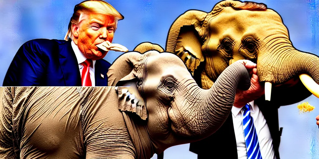 Prompt: donald trump eating an elephant, inspired by tom richmond