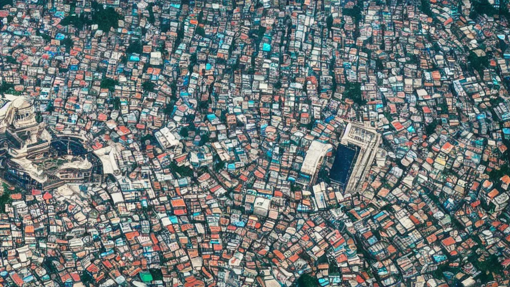 Image similar to remarkable airplane view of a cyberpunk mayan city in guatemala and it is graced by a huge sacred futuristic cyberpunk temple